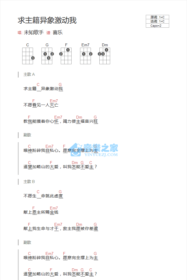 《求主籍异象激动我》尤克里里弹唱谱