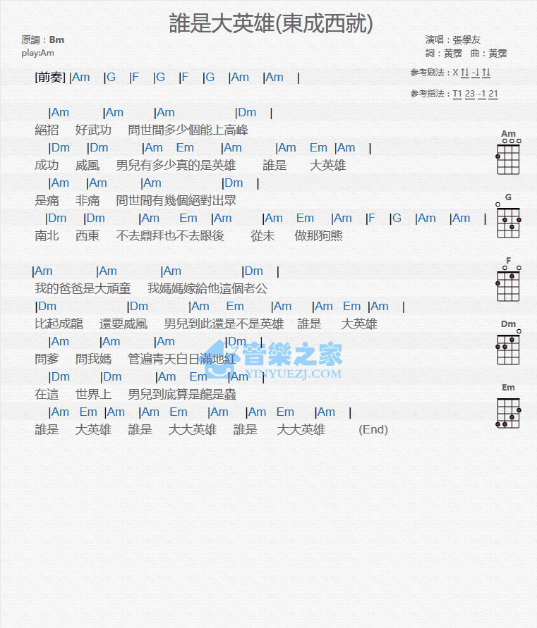 张学友《谁是大英雄》尤克里里弹唱谱