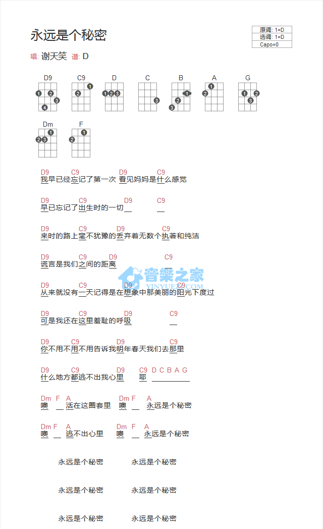 谢天笑《永远是个秘密》尤克里里弹唱谱