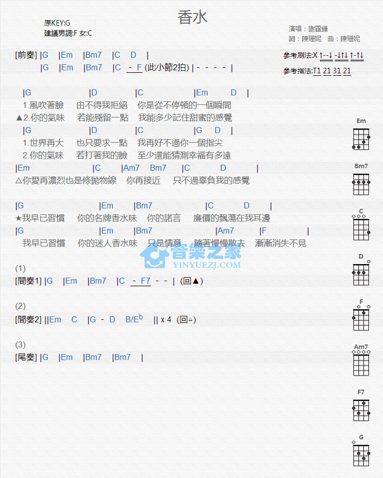 谢霆锋《香水》尤克里里弹唱谱