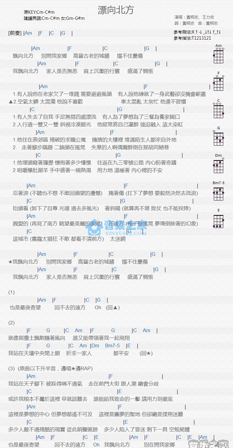 黄明志/王力宏《飘向北方》尤克里里弹唱谱