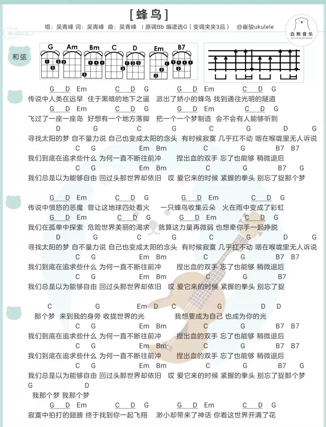 《蜂鸟》吴青峰 尤克里里弹唱谱子|一起ukulele