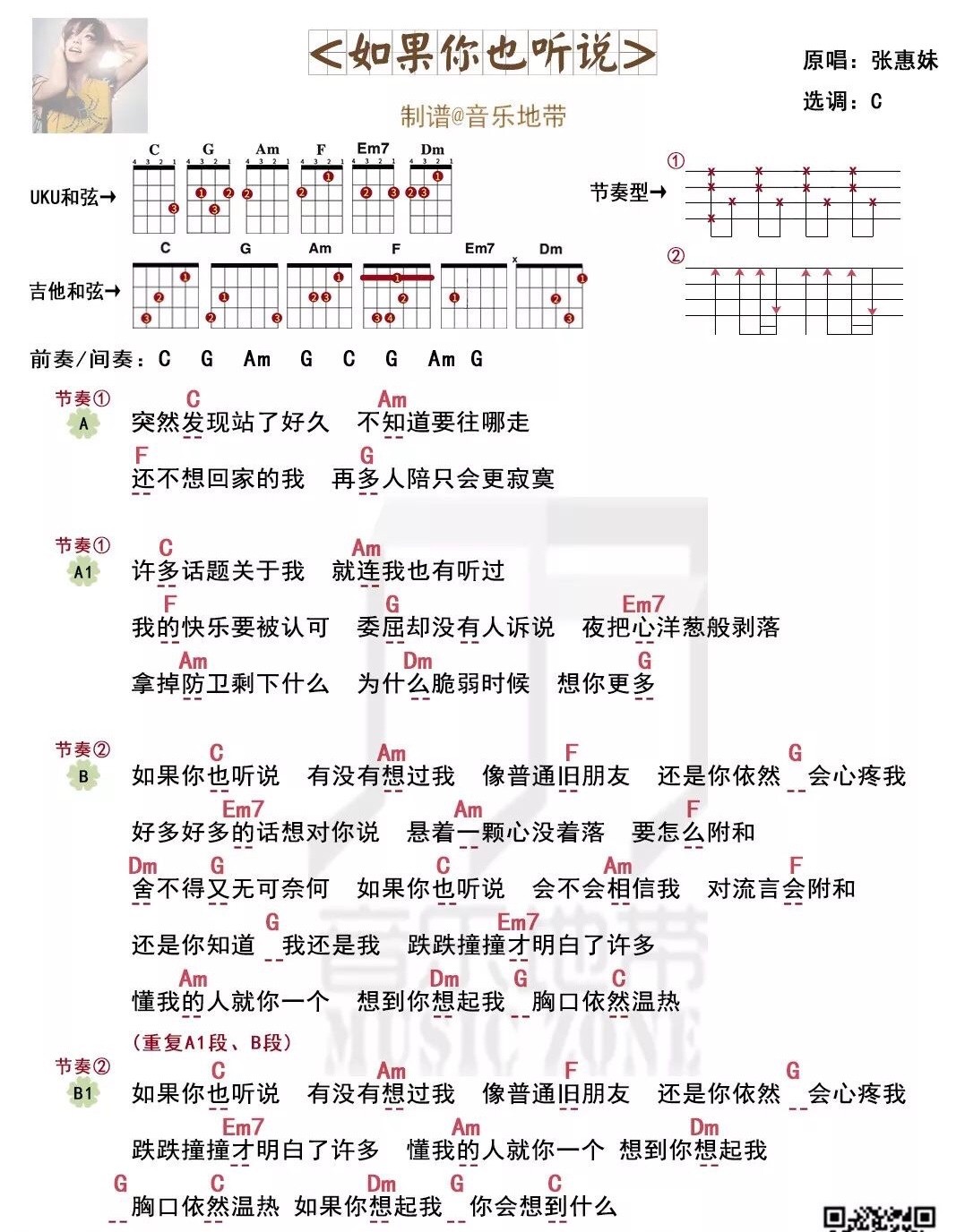 《如果你也听说》张惠妹 尤克里里弹唱曲谱