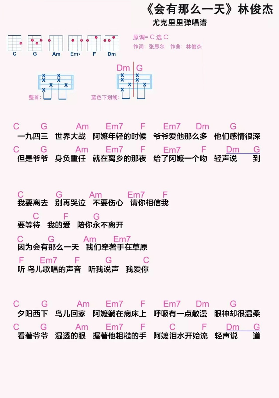 《会有那么一天》 林俊杰 尤克里里弹唱曲谱