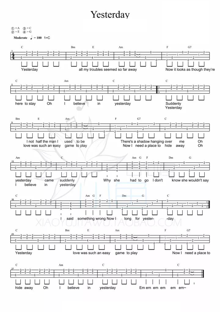 《yesterday》尤克里里弹唱曲谱|一起ukulele尤克里里
