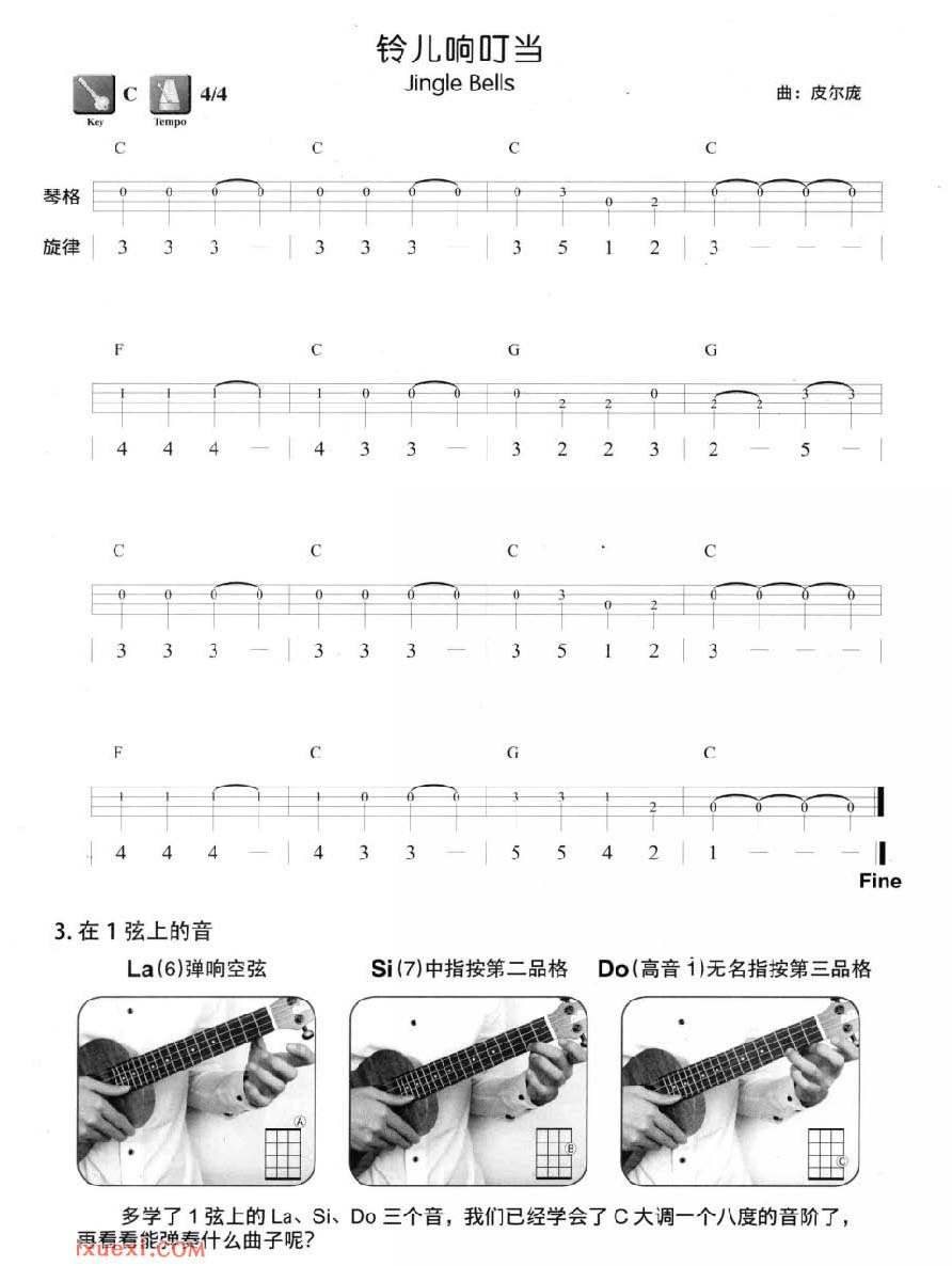 《铃儿响叮当》单音 尤克里里指弹曲谱|一起ukulele